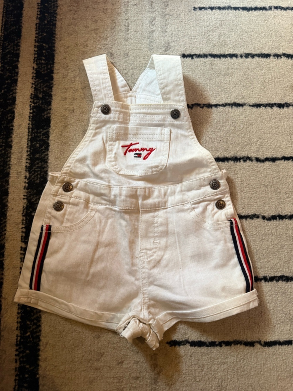 Tommy Hilfiger White Denim Overalls with Red Script and Navy Stripe